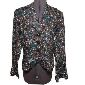 Ali miles Linen Long Sleeve 3 Buttons Brown Teal White Print Jacket 10